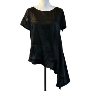 ST. JOHN Asymmetrical Hem Satin Short Sleeve Top Women SZ Small Black Designer